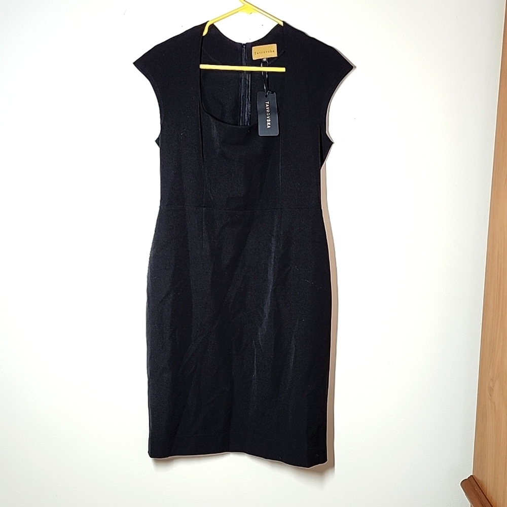Tavrovska square neck cap sleeve blk midi cocktail dress career Classic Holiday